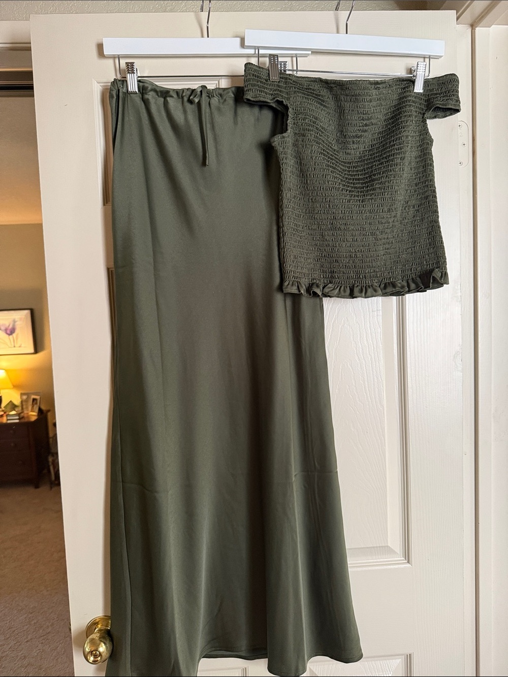 Ways Olive Green Women's Maxi Skirt  And Off The Shoulder Top.